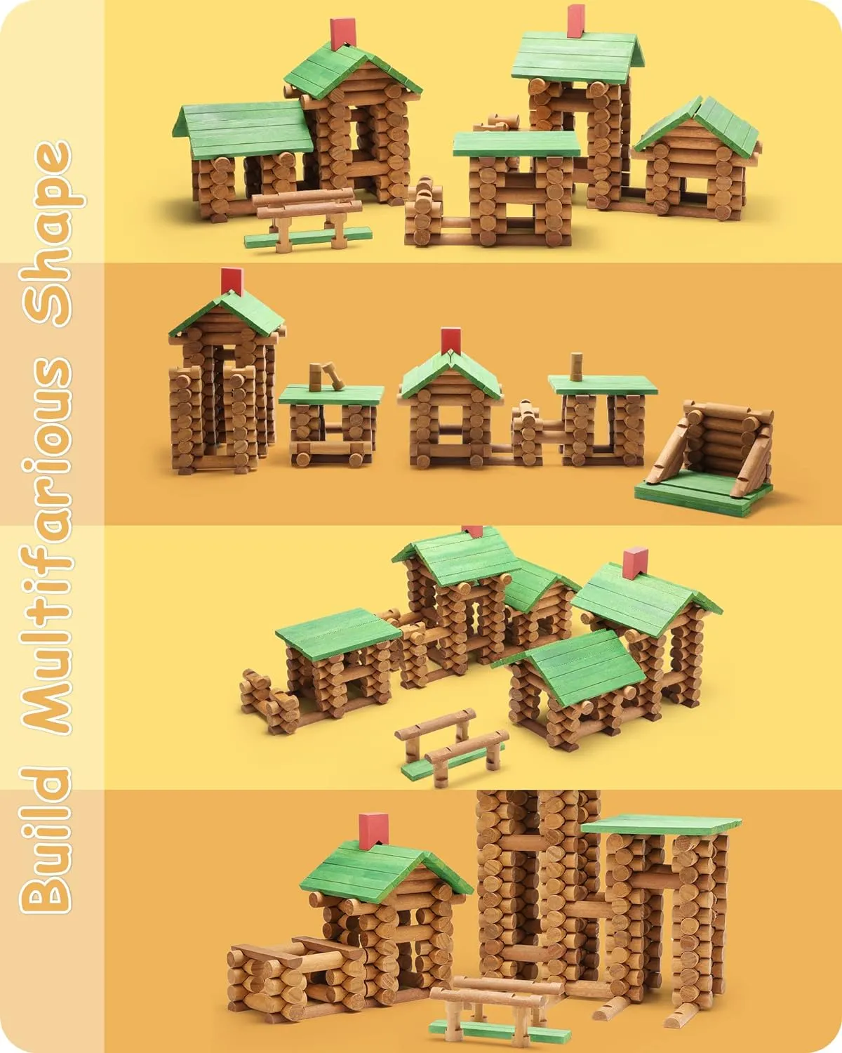 SainSmart Jr. 300 PCS Wooden Log Cabin Set Building House Toy for Toddlers, Classical STEM Construction Kit Compatible with Lincoln Logs for 3  Kids