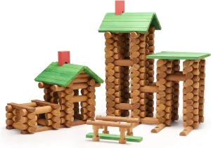 SainSmart Jr. 300 PCS Wooden Log Cabin Set Building House Toy for Toddlers, Classical STEM Construction Kit Compatible with Lincoln Logs for 3  Kids