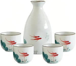 Sake Set 5 Pieces Traditional Japanese Sake Cup Set 4 Ochoko Cups 50ml and Tokkuri Bottle 350ml Hand Painted Design Porcelain Pottery Ceramic Cups Crafts Wine Glasses (Red Fish)