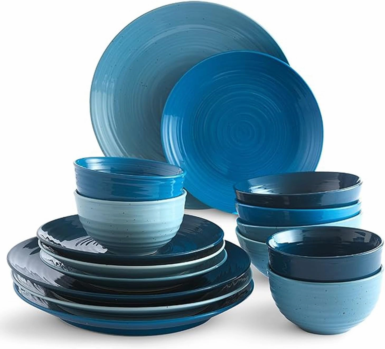 Sango Siterra Artist's Blend 16-Piece Stoneware Dinnerware Set – Service for 4, Ocean Blue Glossy Glaze with Unique Speckled Design, for Everyday Dining & Entertainment, Microwave & Dishwasher Safe