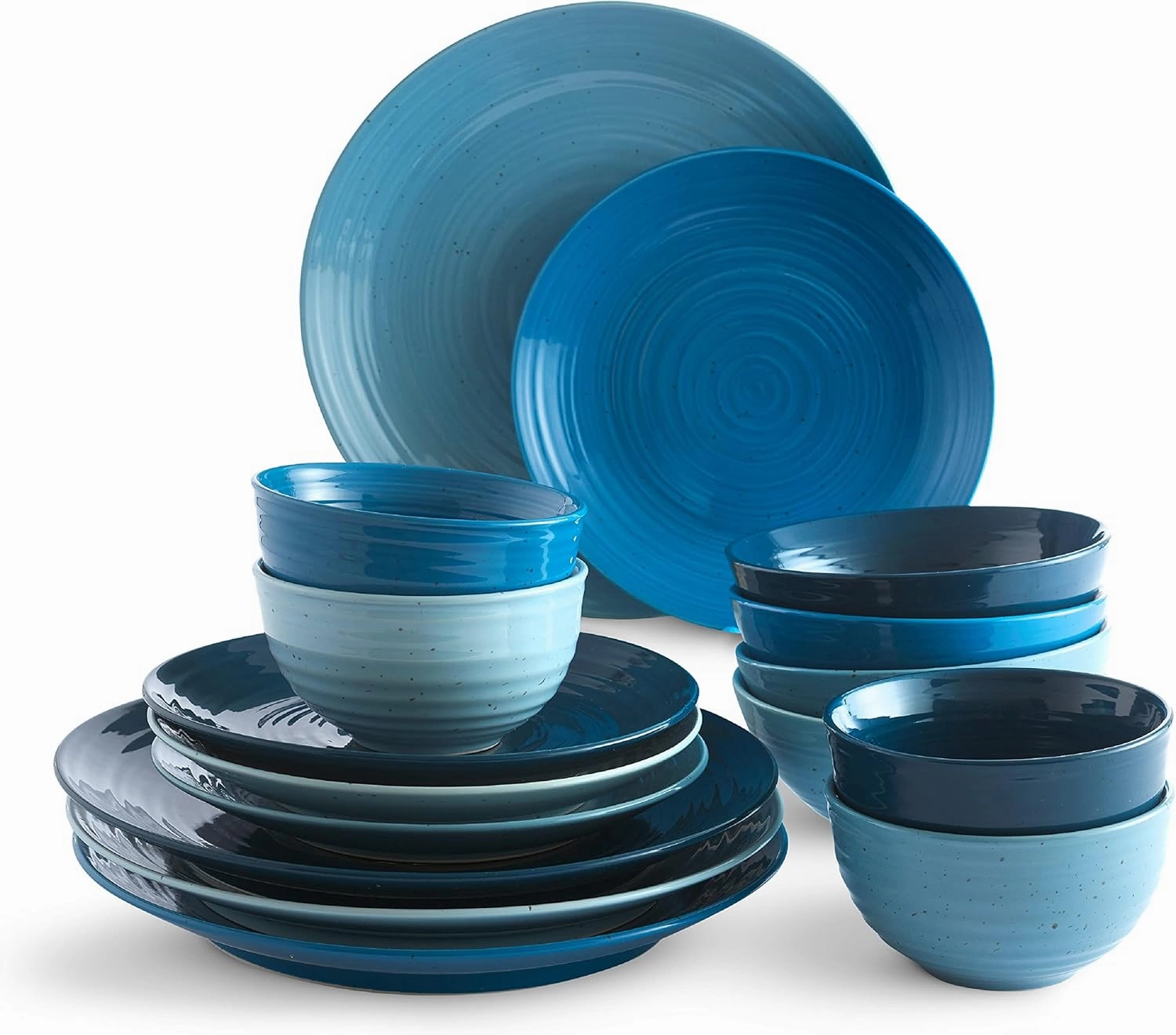 Sango Siterra Artist's Blend 16-Piece Stoneware Dinnerware Set – Service for 4, Ocean Blue Glossy Glaze with Unique Speckled Design, for Everyday Dining & Entertainment, Microwave & Dishwasher Safe