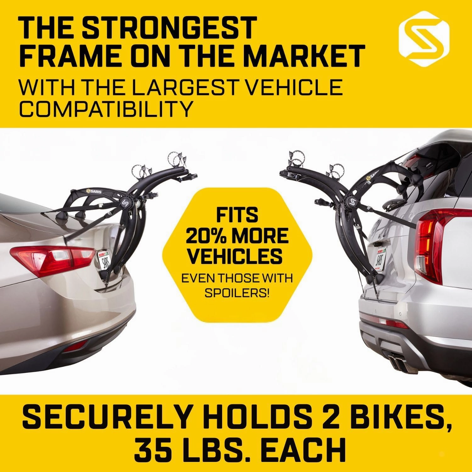 Saris Bones EX 2-Bike Trunk Rack Bicycle Carrier, Durable, Rust-Free, Anti-Sway Straps, Made in USA, Arc-Based Design, 100% Recyclable Materials