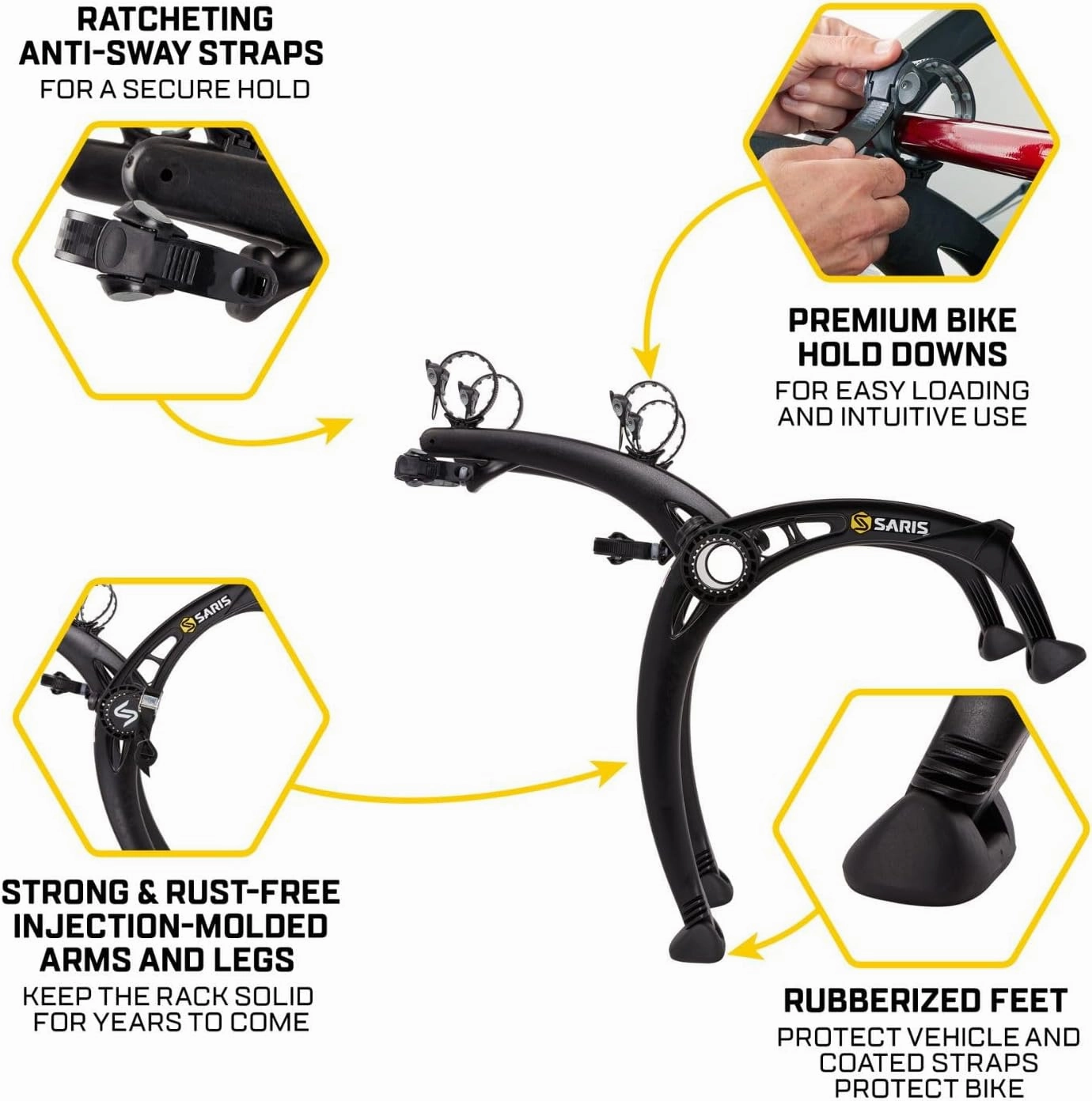 Saris Bones EX 2-Bike Trunk Rack Bicycle Carrier, Durable, Rust-Free, Anti-Sway Straps, Made in USA, Arc-Based Design, 100% Recyclable Materials