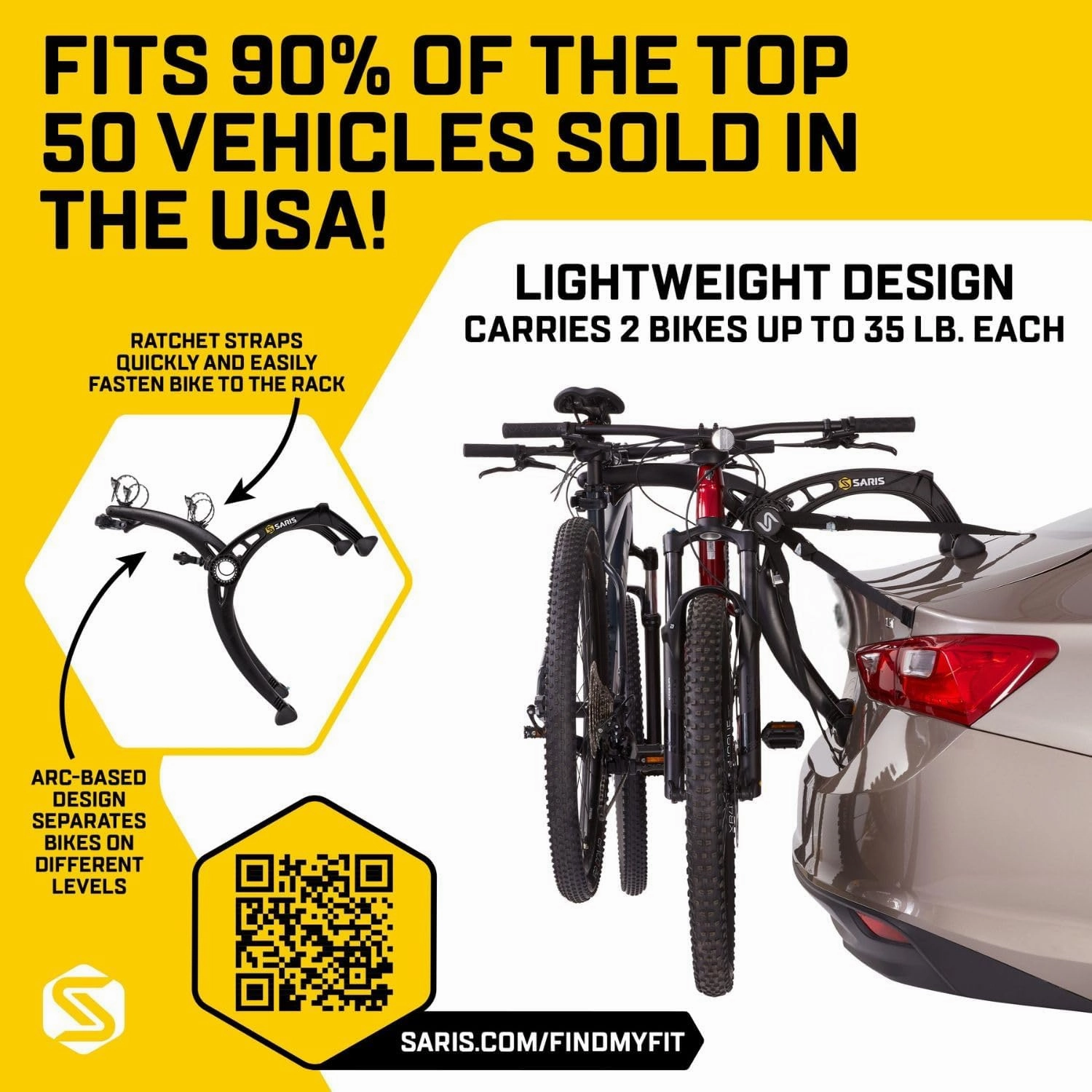 Saris Bones EX 2-Bike Trunk Rack Bicycle Carrier, Durable, Rust-Free, Anti-Sway Straps, Made in USA, Arc-Based Design, 100% Recyclable Materials