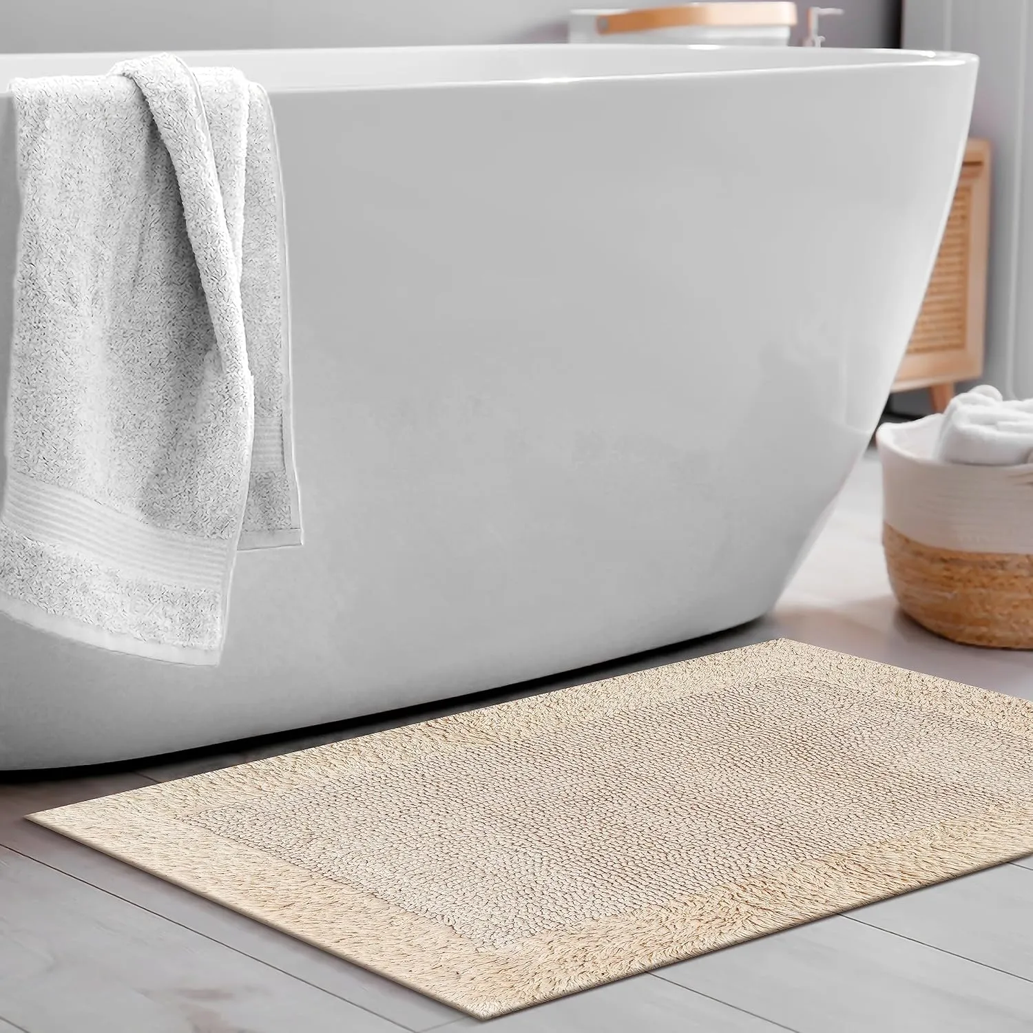 Savi Home Bath Mat Rug 17x24 Linen, 100% Pure Cotton, Super Soft White, Plush & Absorbent, Hand Tufted Heavy Weight Construction, Full Reversible Step Out Rugs