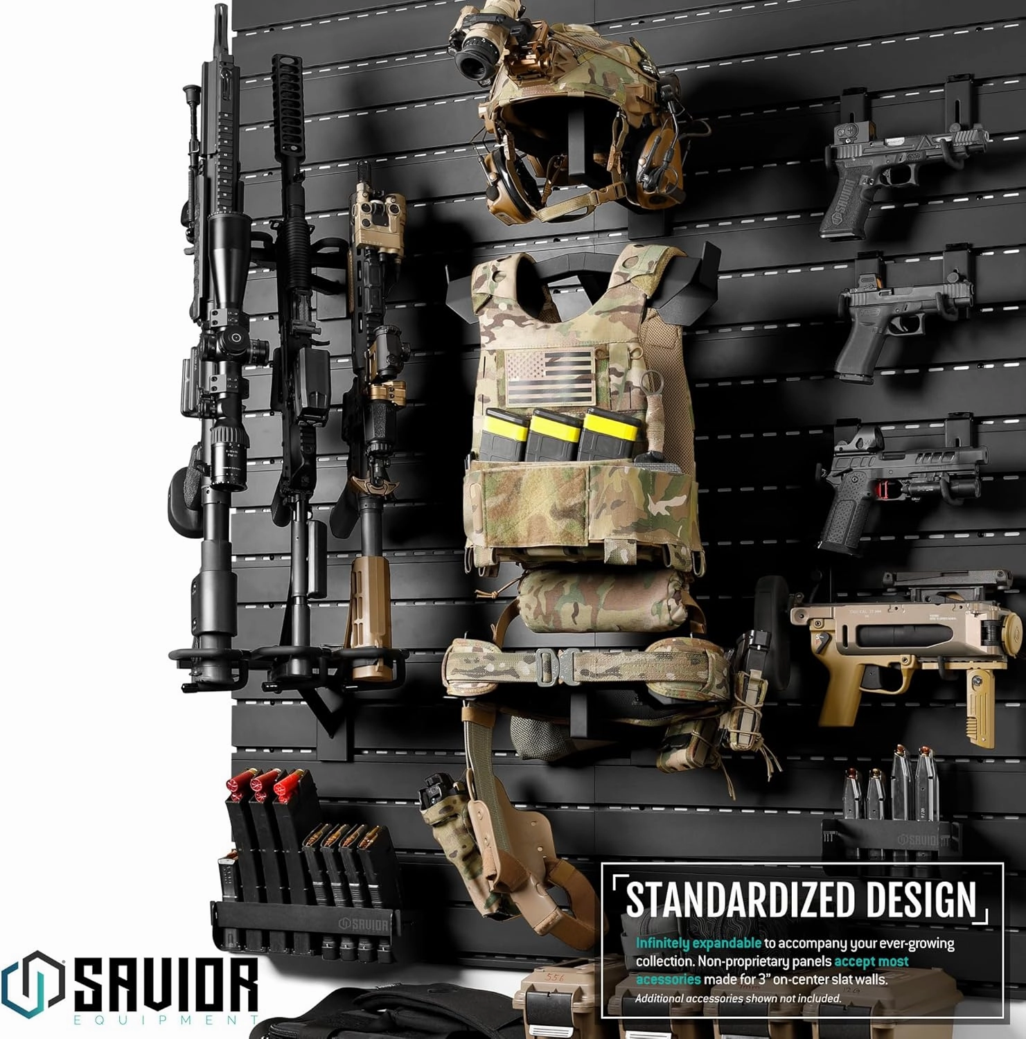 Savior Equipment Wall Rack System Tactical Vest Attachment Gear Wall Mount Display Rack Organizer, Adjustable Width, Heavy-Duty Steel Construction Hold Up to 40 lbs