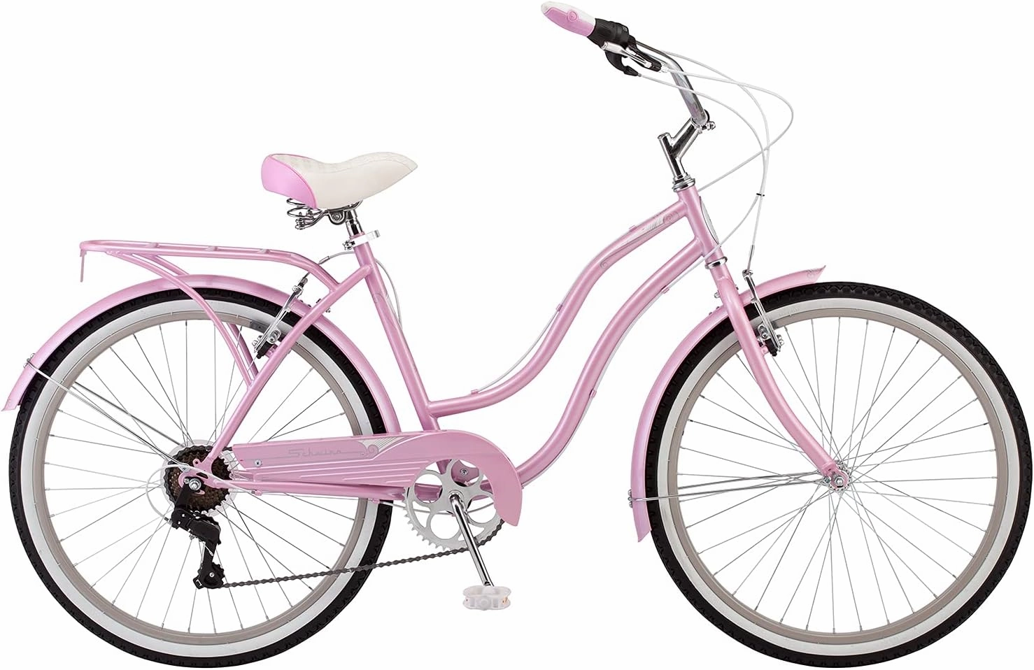 Schwinn Perla Cruiser Bike, 26 Inch Bike for Women and Men, 7-Speed Beach Cruiser Bicycle, Linear Pull Brakes, Comfortable Quilted Seat, Upright Riding Position, Adult Bicycle