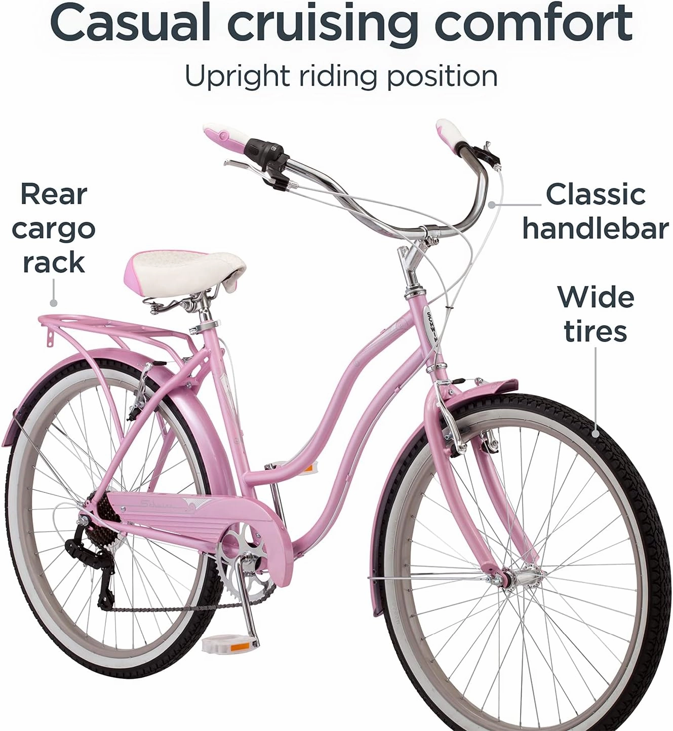 Schwinn Perla Cruiser Bike, 26 Inch Bike for Women and Men, 7-Speed Beach Cruiser Bicycle, Linear Pull Brakes, Comfortable Quilted Seat, Upright Riding Position, Adult Bicycle