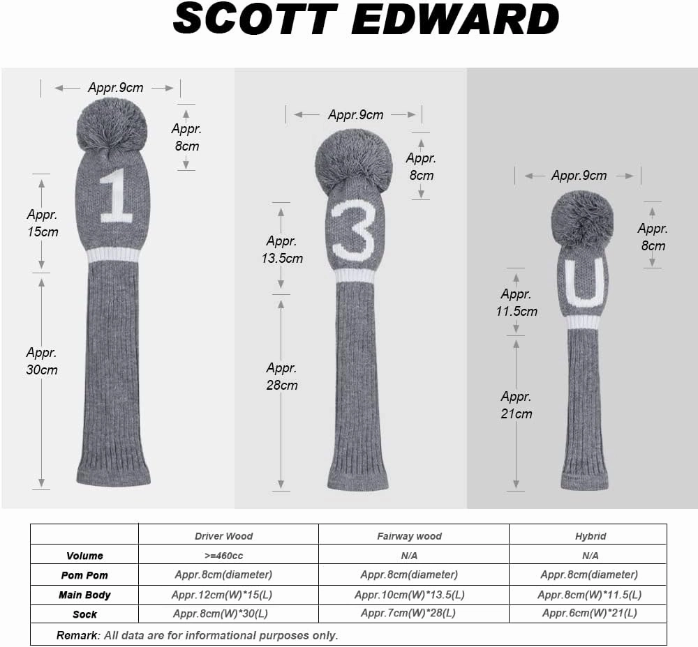 Scott Edward Grey Knit Golf Club Cover for Driver Wood(460cc) Fairway Wood and Hybrid/UT with White Big Number 1/3/4/5 PCS