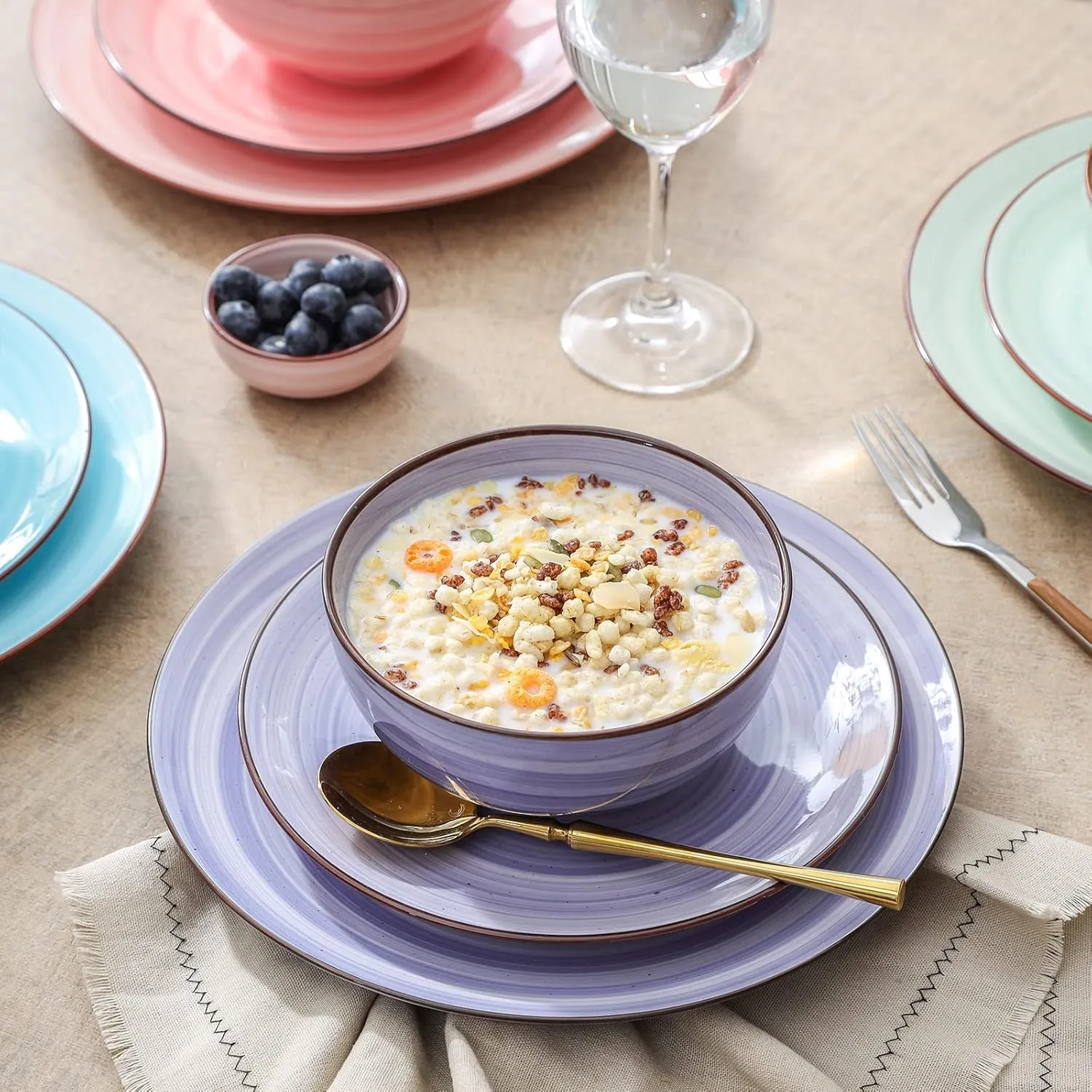 Selamica Ceramic 12-Pieces Dinnerware Sets, Scratch Resistant Plates and Bowls Sets, Handpainted Swirl Dishes Set for 4 with Spray Black Dots, Dishwasher&Microwave Safe, Gradient Color