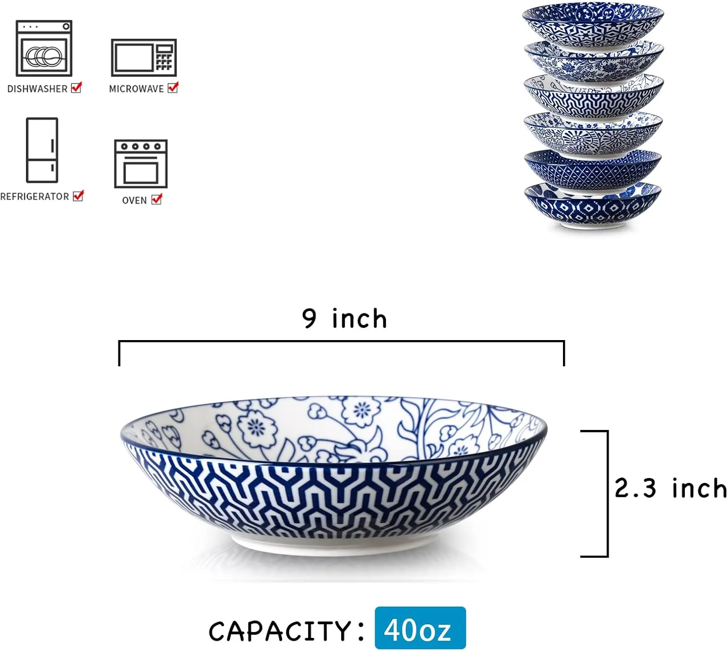 Selamica Porcelain 40oz Large Bowls 9 inch Big Pasta Salad Bowls, Microwave and Oven Safe, Vintage Blue, Set of 6