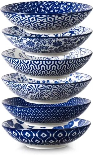 Selamica Porcelain 40oz Large Bowls 9 inch Big Pasta Salad Bowls, Microwave and Oven Safe, Vintage Blue, Set of 6