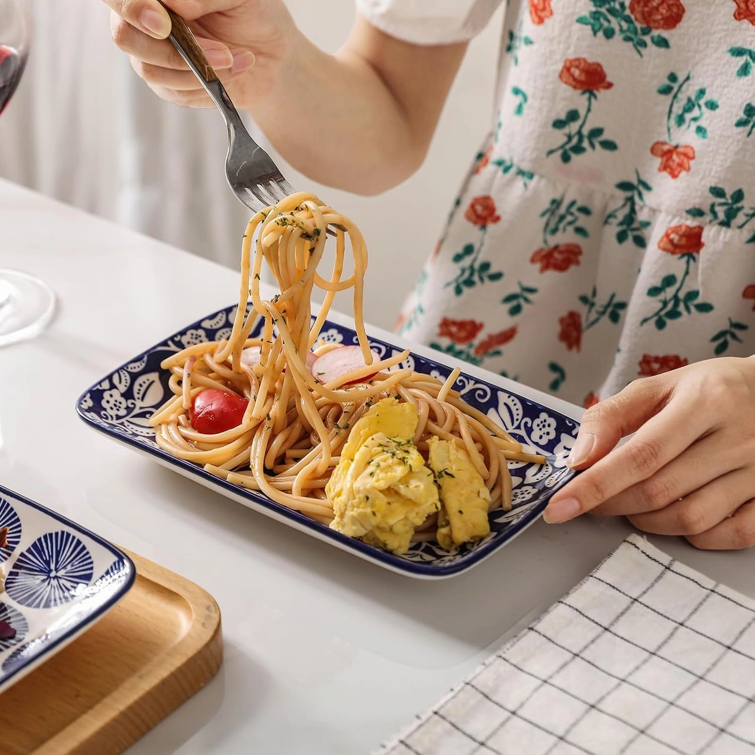 Selamica Ceramic Rectangular Salad Plates Set of 4, Dessert Plates 8 Inch Small Dinner Plates for Party Entertaining, Small Serving Plates for Appetizers, Sushi, Fruit, Vintage Blue