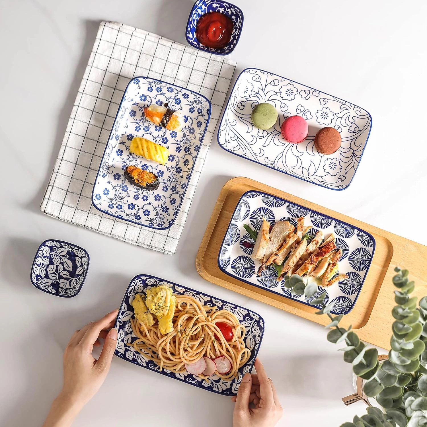 Selamica Ceramic Rectangular Salad Plates Set of 4, Dessert Plates 8 Inch Small Dinner Plates for Party Entertaining, Small Serving Plates for Appetizers, Sushi, Fruit, Vintage Blue
