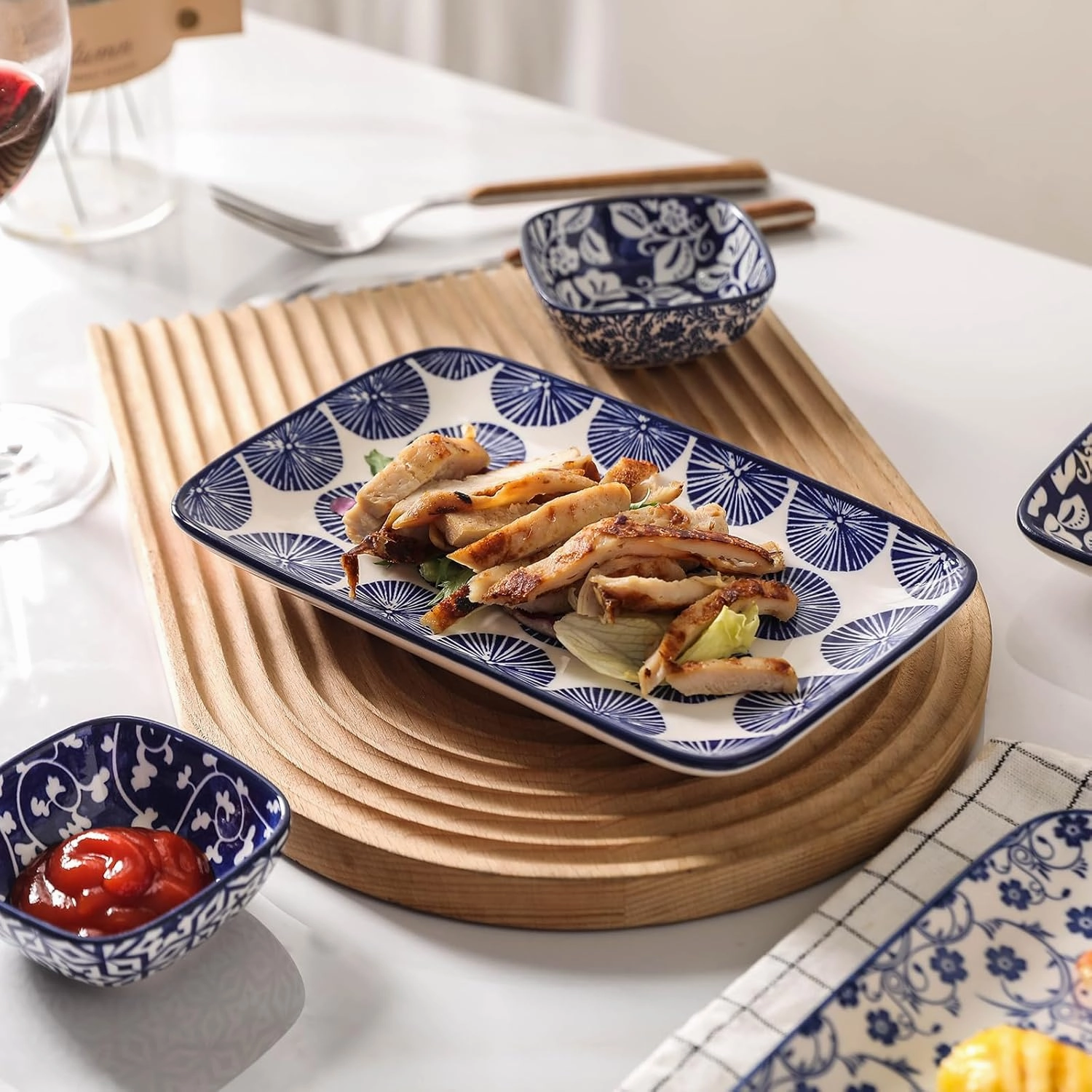 Selamica Ceramic Rectangular Salad Plates Set of 4, Dessert Plates 8 Inch Small Dinner Plates for Party Entertaining, Small Serving Plates for Appetizers, Sushi, Fruit, Vintage Blue