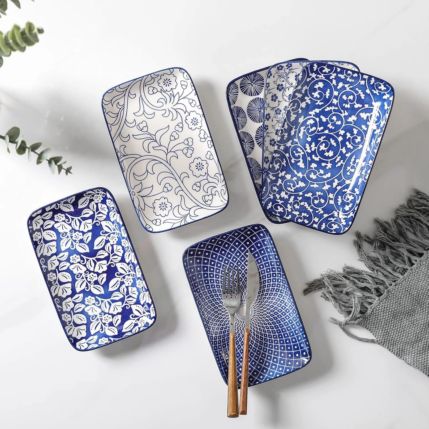 Selamica Ceramic Rectangular Salad Plates Set of 4, Dessert Plates 8 Inch Small Dinner Plates for Party Entertaining, Small Serving Plates for Appetizers, Sushi, Fruit, Vintage Blue