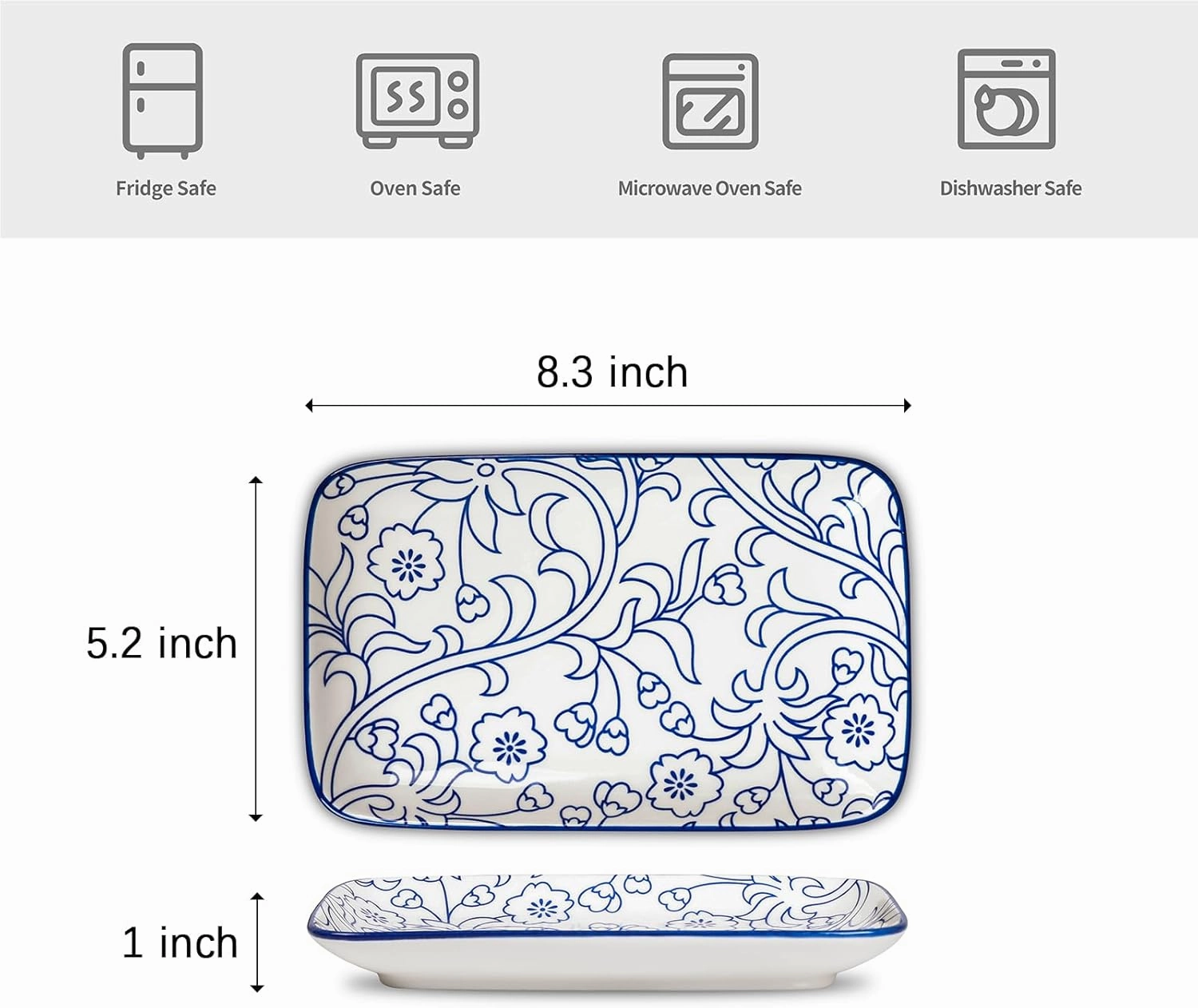 Selamica Ceramic Rectangular Salad Plates Set of 4, Dessert Plates 8 Inch Small Dinner Plates for Party Entertaining, Small Serving Plates for Appetizers, Sushi, Fruit, Vintage Blue