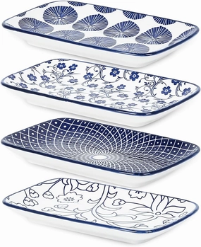 Selamica Ceramic Rectangular Salad Plates Set of 4, Dessert Plates 8 Inch Small Dinner Plates for Party Entertaining, Small Serving Plates for Appetizers, Sushi, Fruit, Vintage Blue