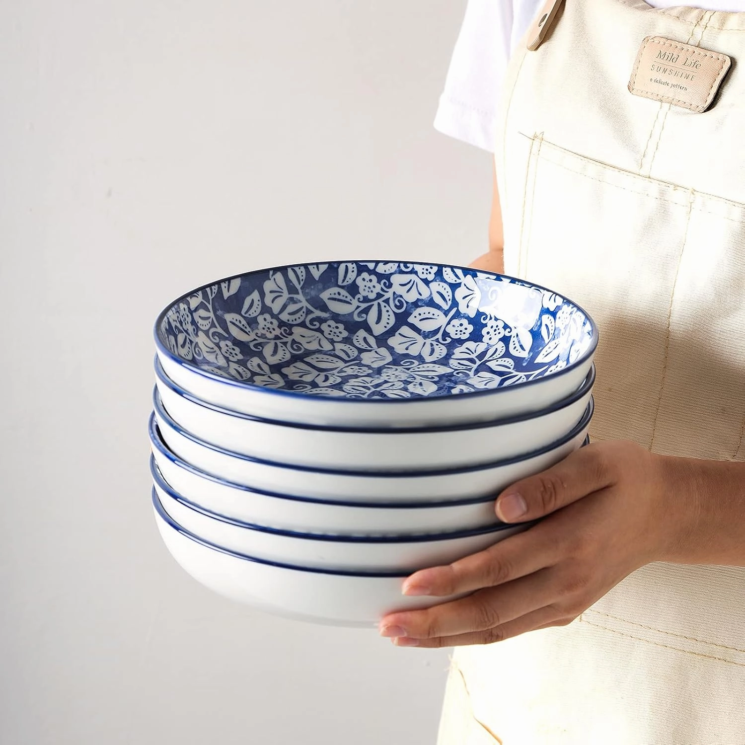 Selamica Porcelain Salad Pasta Bowls, Serving bowls, Microwave & Dishwasher Safe, Sturdy & Stackable - 26 Ounce, Set of 6, Vintage Blue
