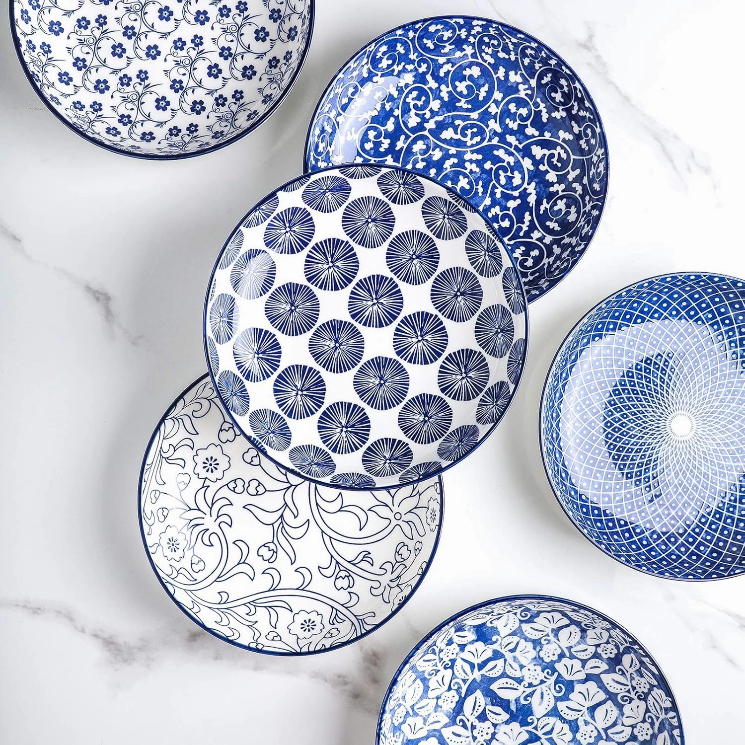 Selamica Porcelain Salad Pasta Bowls, Serving bowls, Microwave & Dishwasher Safe, Sturdy & Stackable - 26 Ounce, Set of 6, Vintage Blue