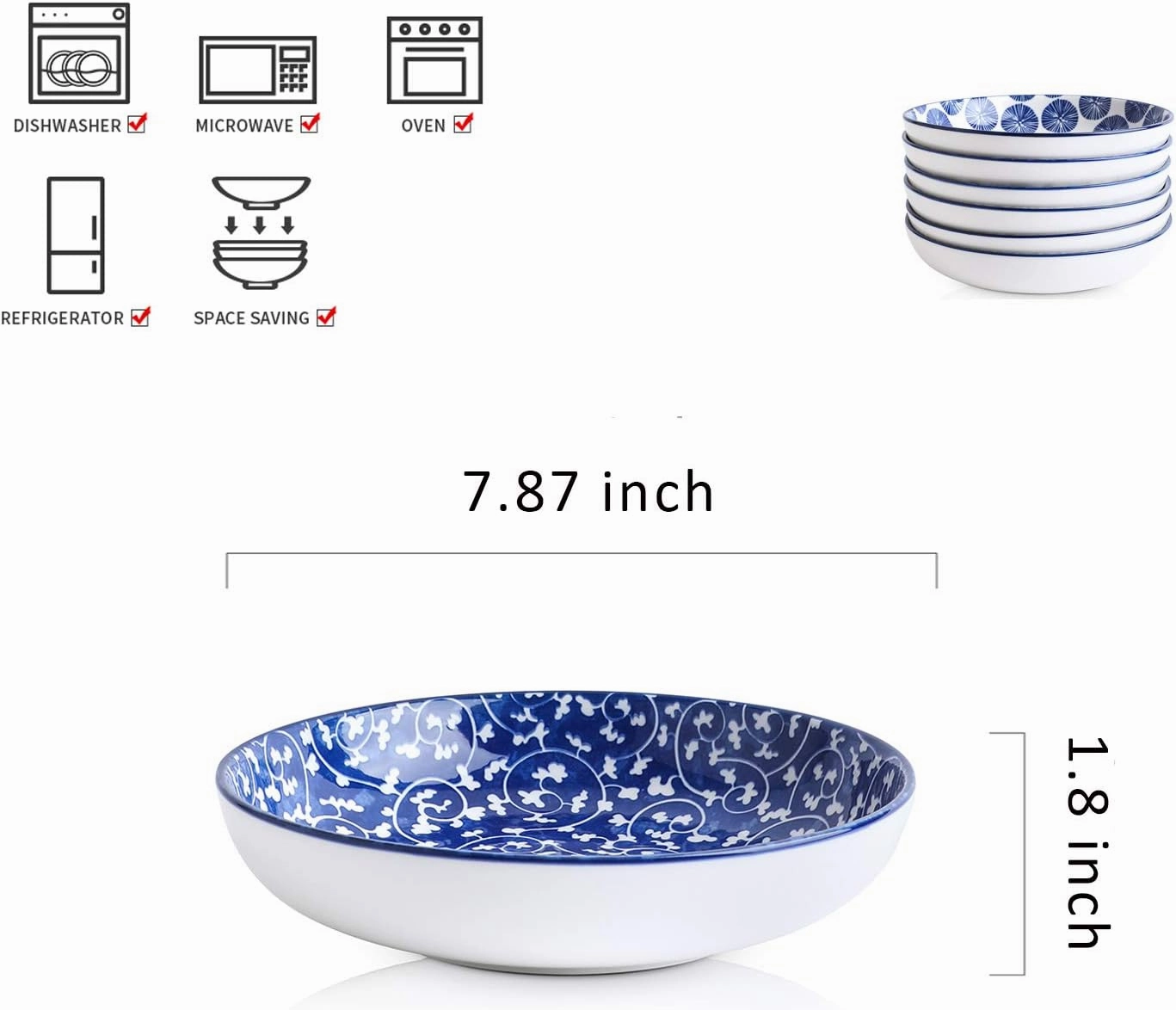 Selamica Porcelain Salad Pasta Bowls, Serving bowls, Microwave & Dishwasher Safe, Sturdy & Stackable - 26 Ounce, Set of 6, Vintage Blue
