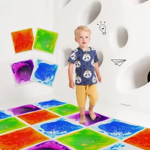 Sensory Liquid Floor Tiles for Kids, Decorative Tiles for Autism, Early Learning Toys, Activity Play Mats with Anti-Slip Backing, Multi-Color Set of 4 Pack 12" x 12"