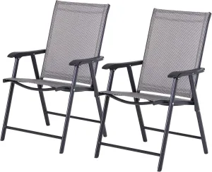 Set of 2 Patio Folding Chairs, Stackable Outdoor Sling Patio Dining Chairs with Armrests for Lawn, Camping, Dining, Beach, Metal Frame, No Assembly, Gray