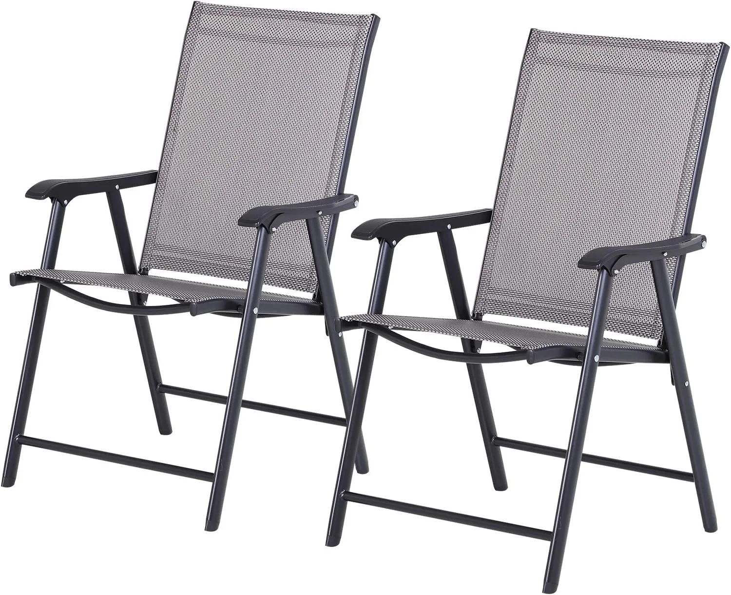 Set of 2 Patio Folding Chairs, Stackable Outdoor Sling Patio Dining Chairs with Armrests for Lawn, Camping, Dining, Beach, Metal Frame, No Assembly, Gray