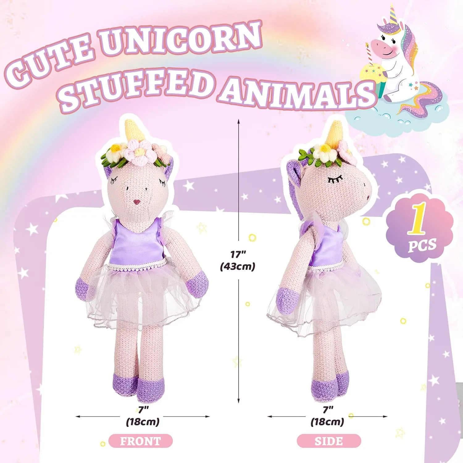 Shappy Christmas Unicorn Stuffed Animals 17 Inches Ballerina Doll Wool Plush Unicorn for Women Birthday Gift(Purple)