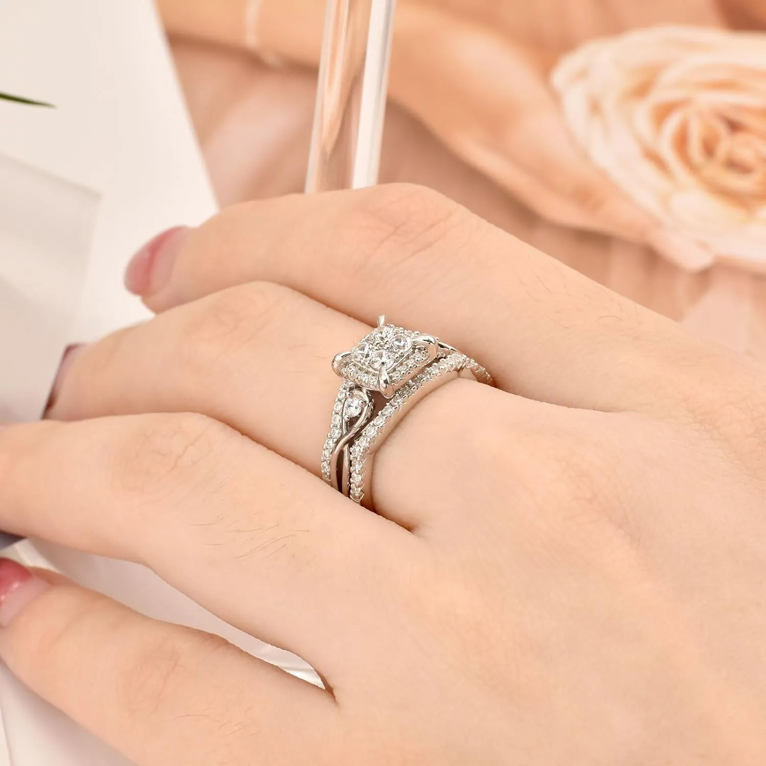 SHELOVES Infinity Sterling Silver Wedding Rings Set Round Cut Princess Cluster Cz for Women Sz 4-13