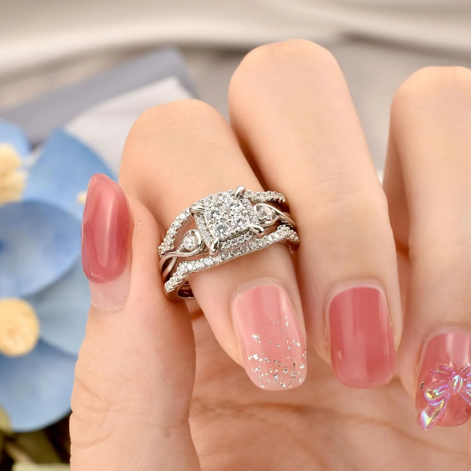 SHELOVES Infinity Sterling Silver Wedding Rings Set Round Cut Princess Cluster Cz for Women Sz 4-13