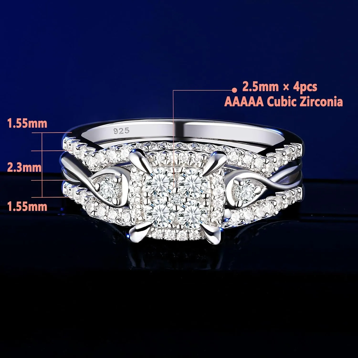 SHELOVES Infinity Sterling Silver Wedding Rings Set Round Cut Princess Cluster Cz for Women Sz 4-13