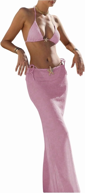 SHENHE Women's 3 Piece String Bikini Set Triangle Halter Starfish Metal Swimsuit with Long Skirt