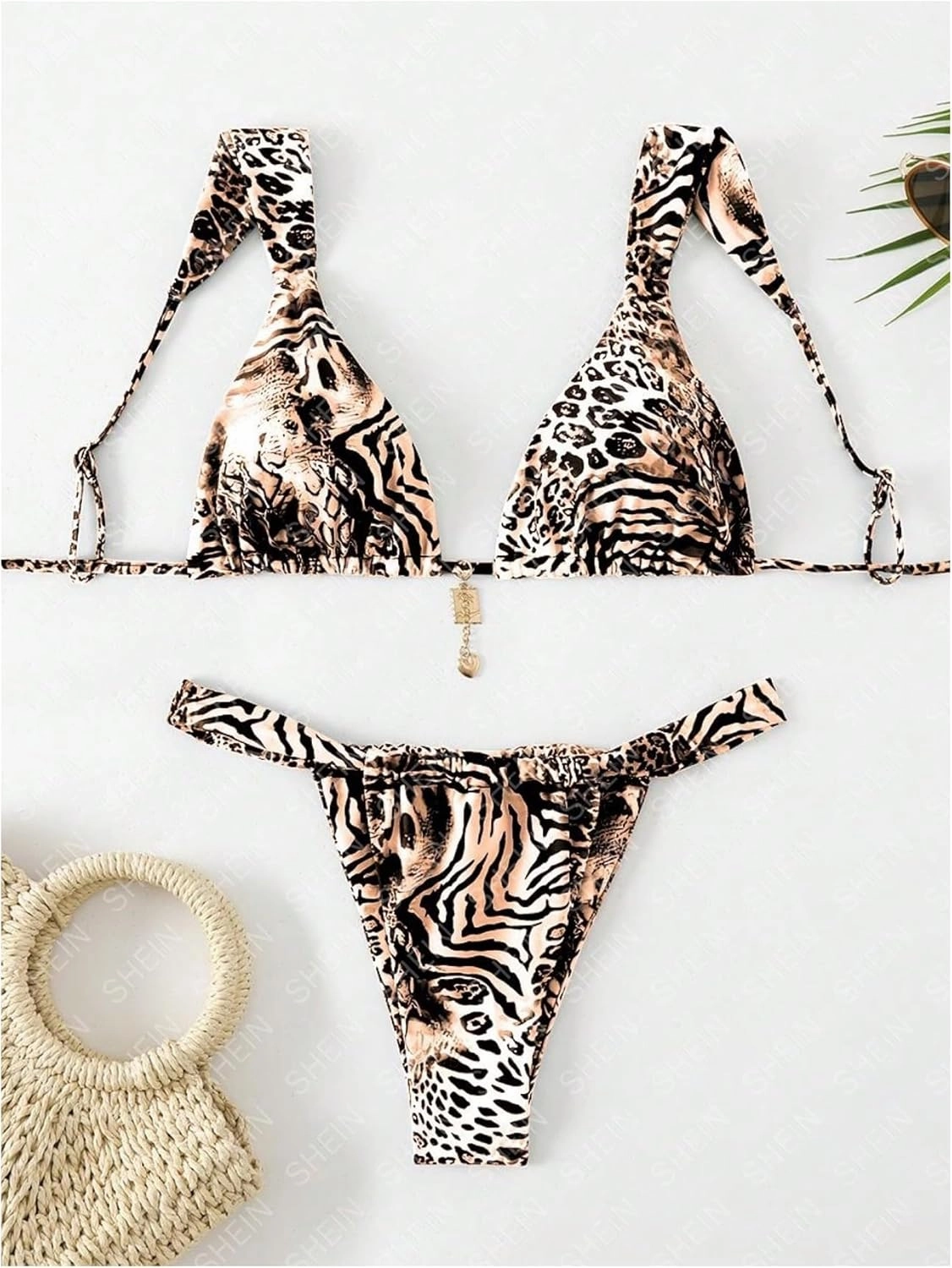 SHENHE Women's Two Piece Swimsuits Triangle V Neck Ruched Brazilian Bikini Set Boho Swimwear