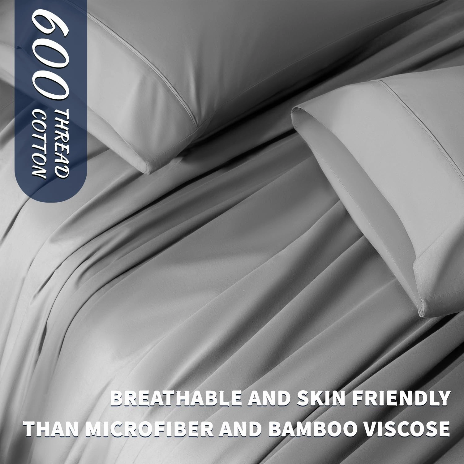 Shilucheng 100% Cotton Queen Size Sheets Set - 600 Thread Count，Luxury Egyptian Cotton Bed Sheets，5-Star Hotel Quality Sheets, Breathable & Cooling, 16 Inch Deep Pocket - 4 Piece (Grey, Queen)