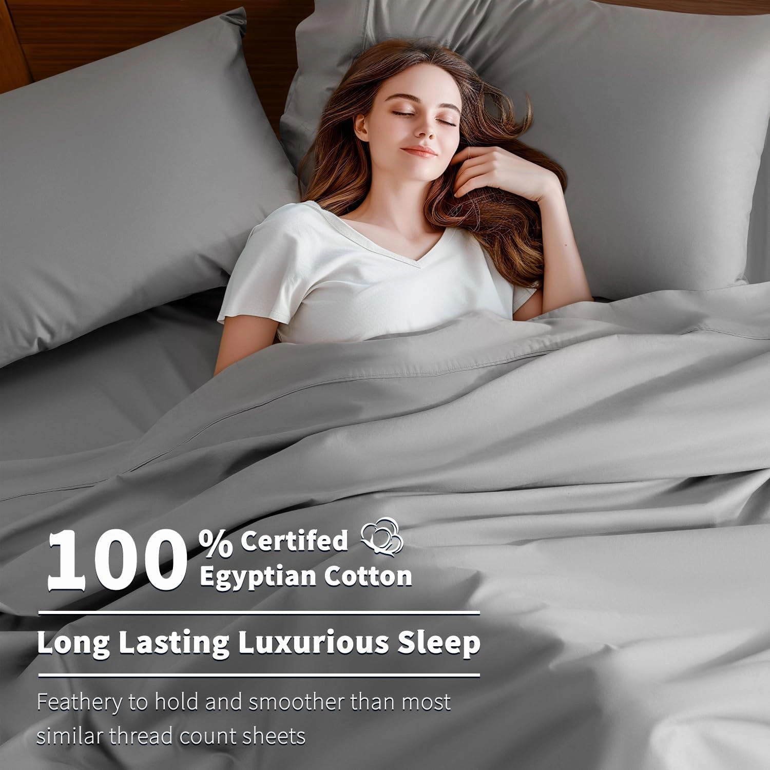 Shilucheng 100% Cotton Queen Size Sheets Set - 600 Thread Count，Luxury Egyptian Cotton Bed Sheets，5-Star Hotel Quality Sheets, Breathable & Cooling, 16 Inch Deep Pocket - 4 Piece (Grey, Queen)