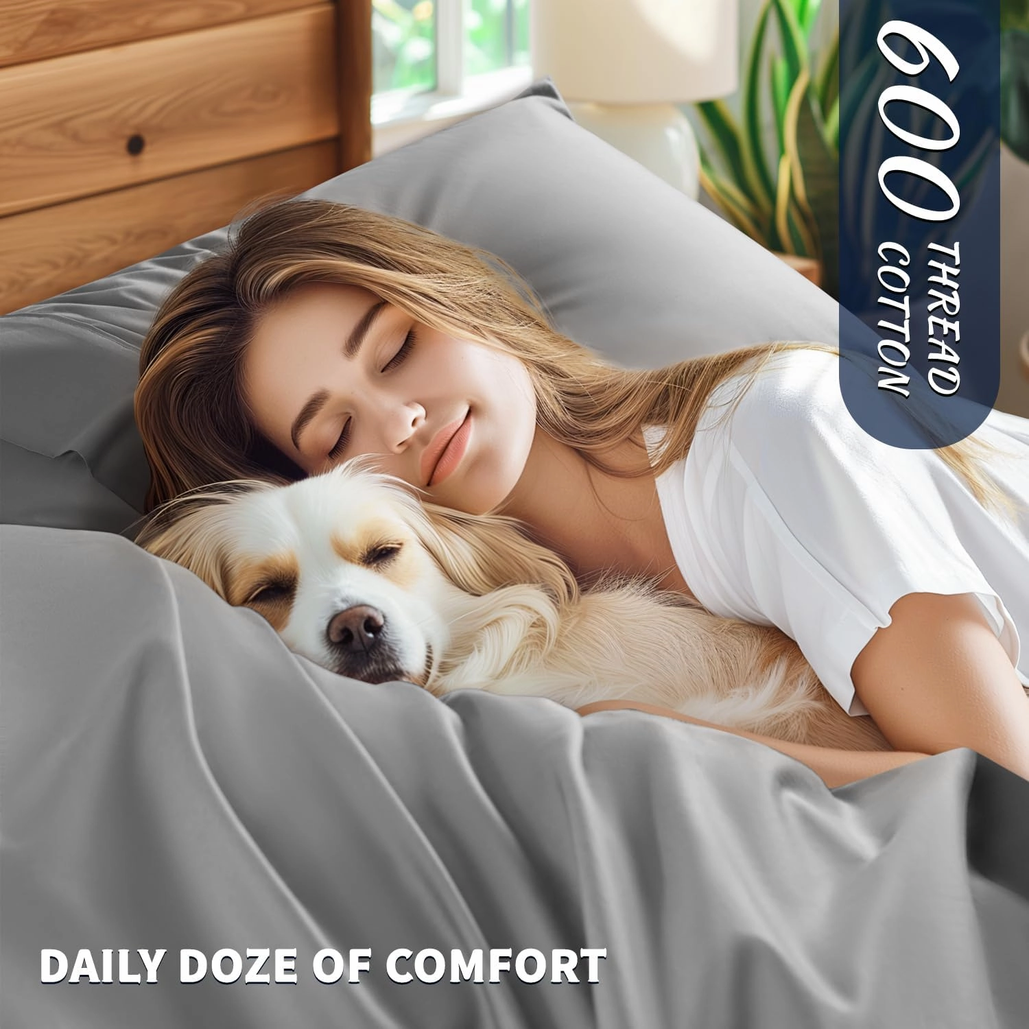 Shilucheng 100% Cotton Queen Size Sheets Set - 600 Thread Count，Luxury Egyptian Cotton Bed Sheets，5-Star Hotel Quality Sheets, Breathable & Cooling, 16 Inch Deep Pocket - 4 Piece (Grey, Queen)