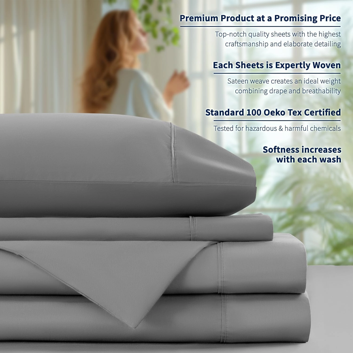 Shilucheng 100% Cotton Queen Size Sheets Set - 600 Thread Count，Luxury Egyptian Cotton Bed Sheets，5-Star Hotel Quality Sheets, Breathable & Cooling, 16 Inch Deep Pocket - 4 Piece (Grey, Queen)