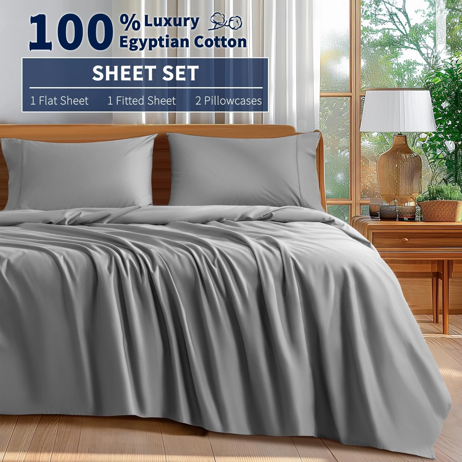 Shilucheng 100% Cotton Queen Size Sheets Set - 600 Thread Count，Luxury Egyptian Cotton Bed Sheets，5-Star Hotel Quality Sheets, Breathable & Cooling, 16 Inch Deep Pocket - 4 Piece (Grey, Queen)