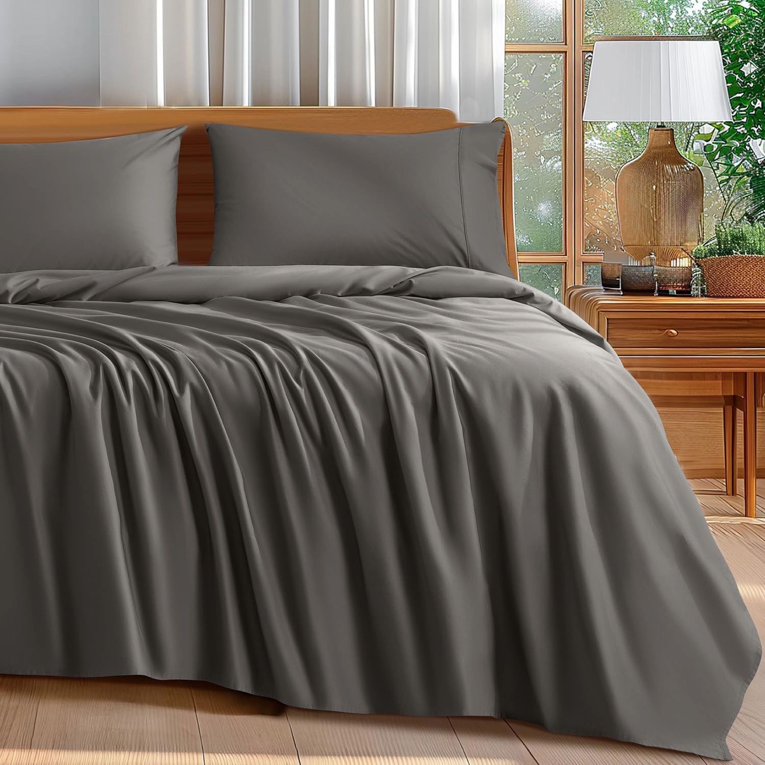 Shilucheng 100% Cotton Sheets Set - 600 Thread Count，Luxury Egyptian Cotton Bed Sheets，5-Star Hotel Quality Sheets, Breathable & Cooling, 16 Inch Deep Pocket - 4 Piece (Dark Grey, California King)