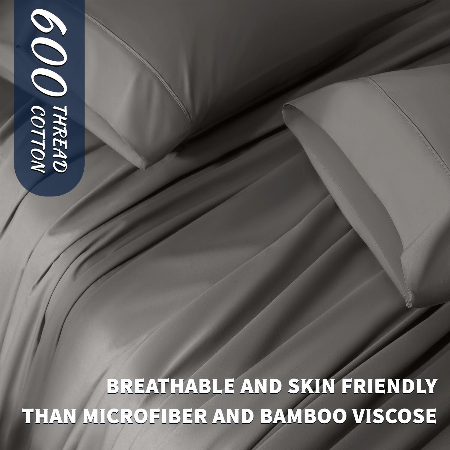 Shilucheng 100% Cotton Sheets Set - 600 Thread Count，Luxury Egyptian Cotton Bed Sheets，5-Star Hotel Quality Sheets, Breathable & Cooling, 16 Inch Deep Pocket - 4 Piece (Dark Grey, California King)