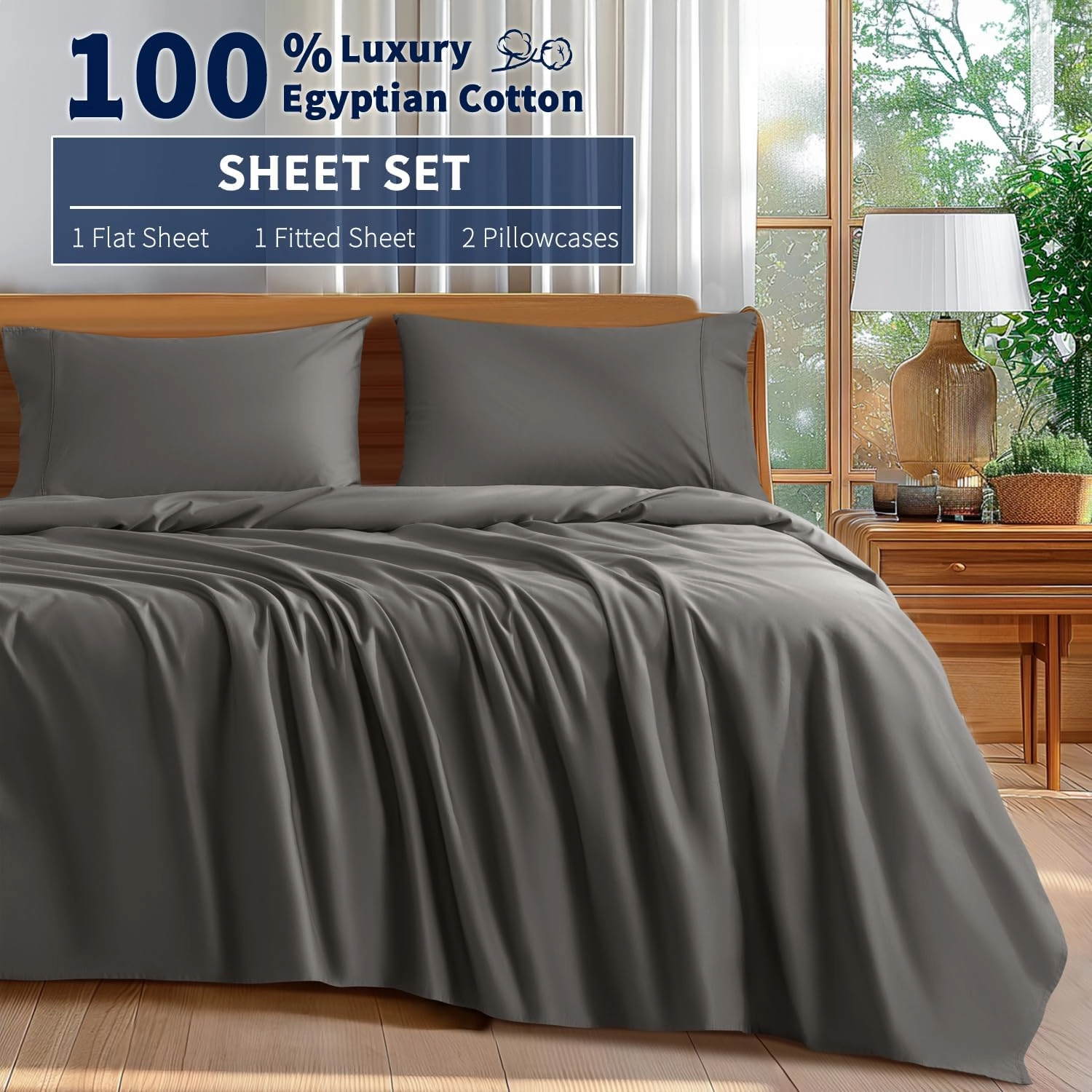 Shilucheng 100% Cotton Sheets Set - 600 Thread Count，Luxury Egyptian Cotton Bed Sheets，5-Star Hotel Quality Sheets, Breathable & Cooling, 16 Inch Deep Pocket - 4 Piece (Dark Grey, California King)
