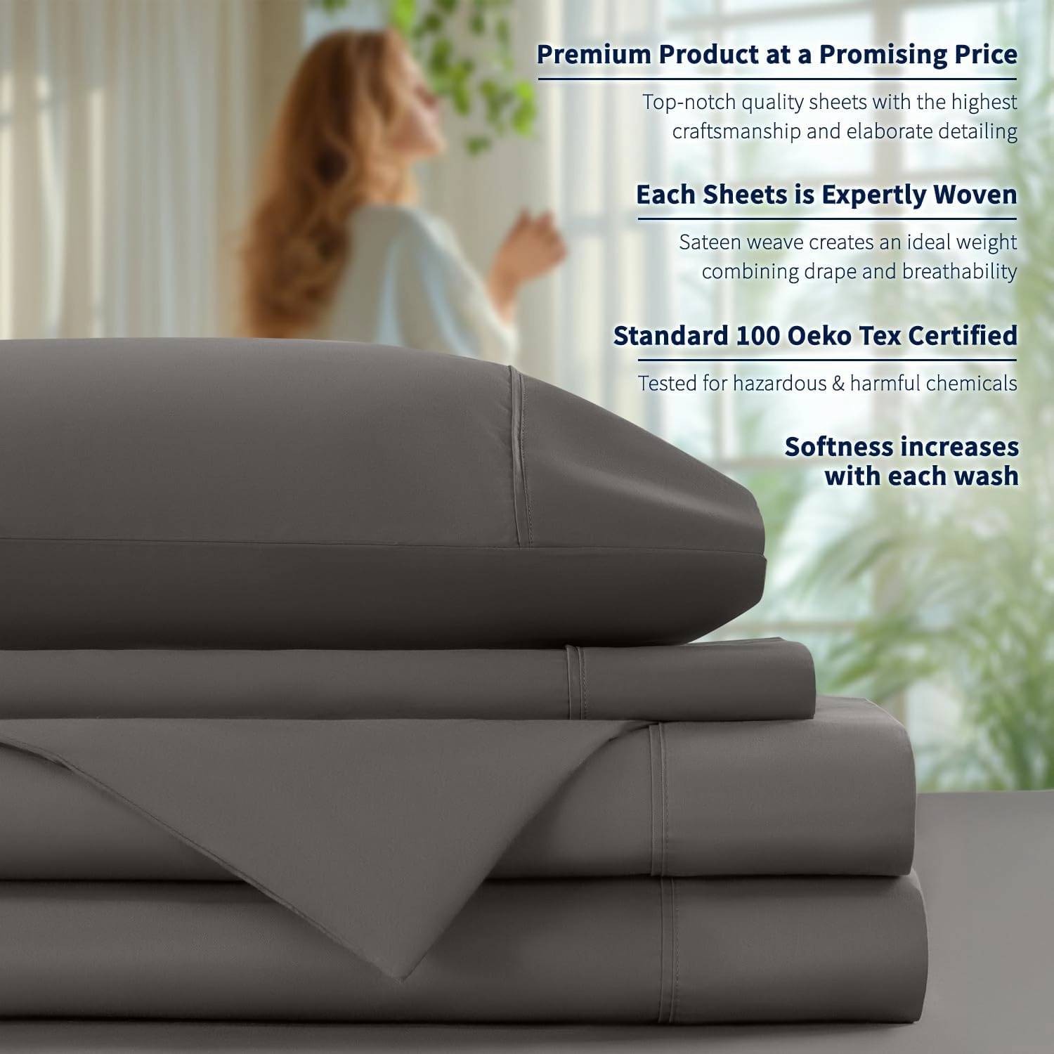 Shilucheng 100% Cotton Sheets Set - 600 Thread Count，Luxury Egyptian Cotton Bed Sheets，5-Star Hotel Quality Sheets, Breathable & Cooling, 16 Inch Deep Pocket - 4 Piece (Dark Grey, California King)
