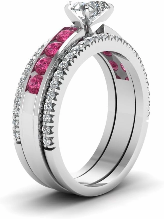 SHIV IMPEX JEWELS 0.79 Ct. Heart Shape Diamond Channel Bridal Trio Wedding Ring Sets with Pink Sapphire in 14k White Gold Finish 925 Sterling Silver