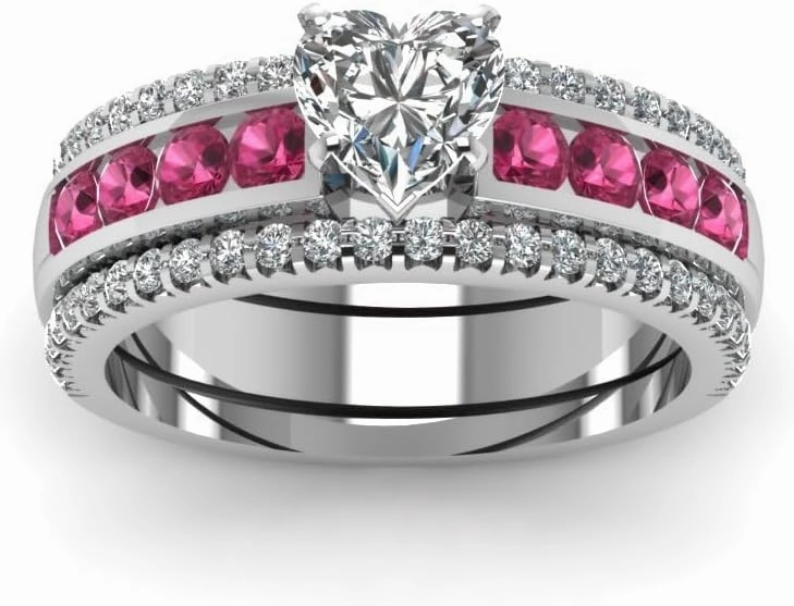 SHIV IMPEX JEWELS 0.79 Ct. Heart Shape Diamond Channel Bridal Trio Wedding Ring Sets with Pink Sapphire in 14k White Gold Finish 925 Sterling Silver