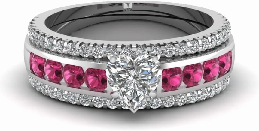 SHIV IMPEX JEWELS 0.79 Ct. Heart Shape Diamond Channel Bridal Trio Wedding Ring Sets with Pink Sapphire in 14k White Gold Finish 925 Sterling Silver
