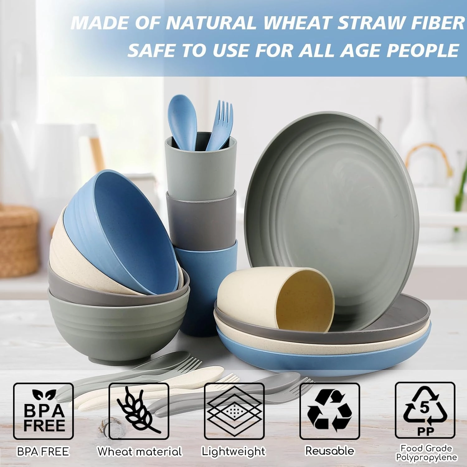 Shopwithgreen Wheat Straw Dinnerware Sets for 4, 20 PCS Unbreakable Plates and Bowls Sets, Reusable Dinner Dishes Set, Bowls, Cups, Plates for Camping, Kitchen, RV, Dorm, Dishwasher Microwave Safe