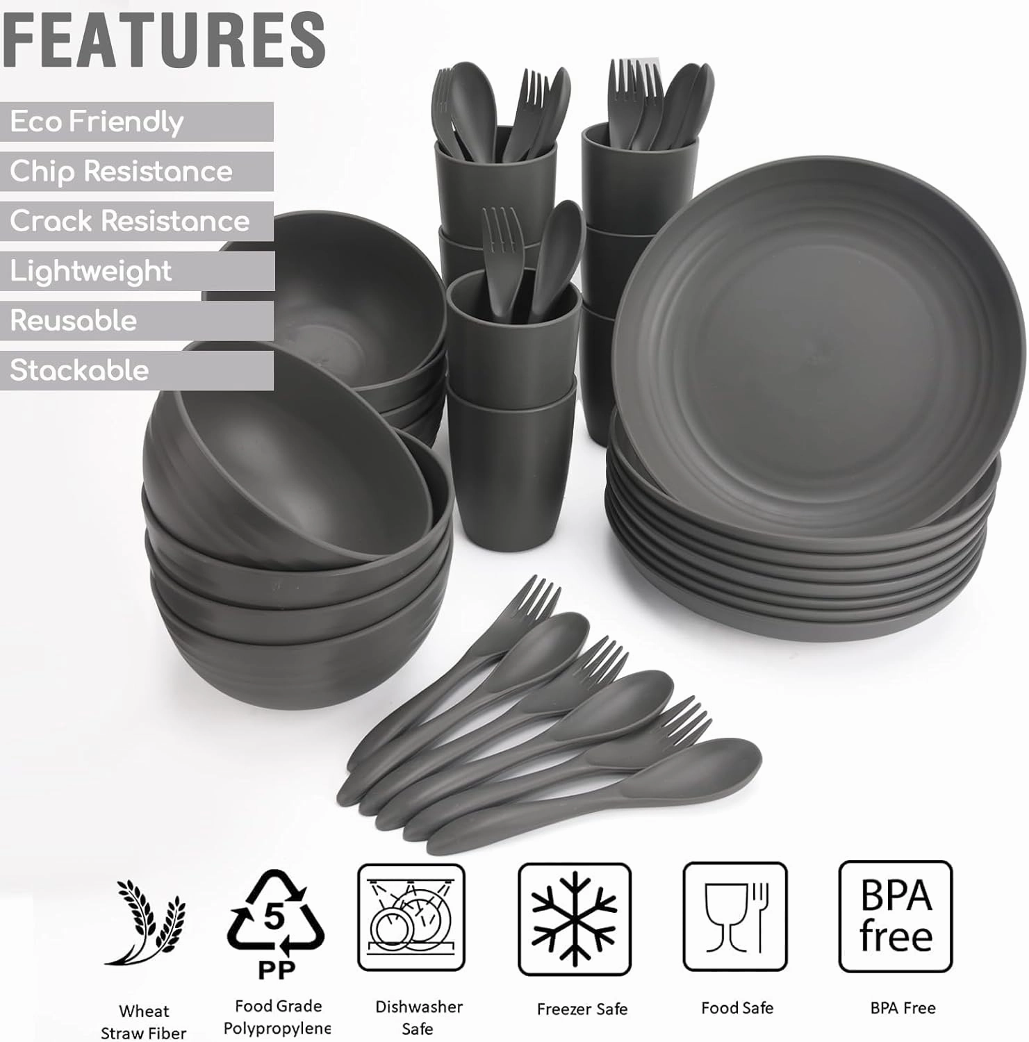 Shopwithgreen Wheat Straw Dinnerware Sets for 8, 40 PCS Unbreakable Plates and Bowls Sets, Reusable Dinner Dishes Set, Bowls, Cups,Plates for Camping, Kitchen, RV, Dorm,Dishwasher Microwave Safe
