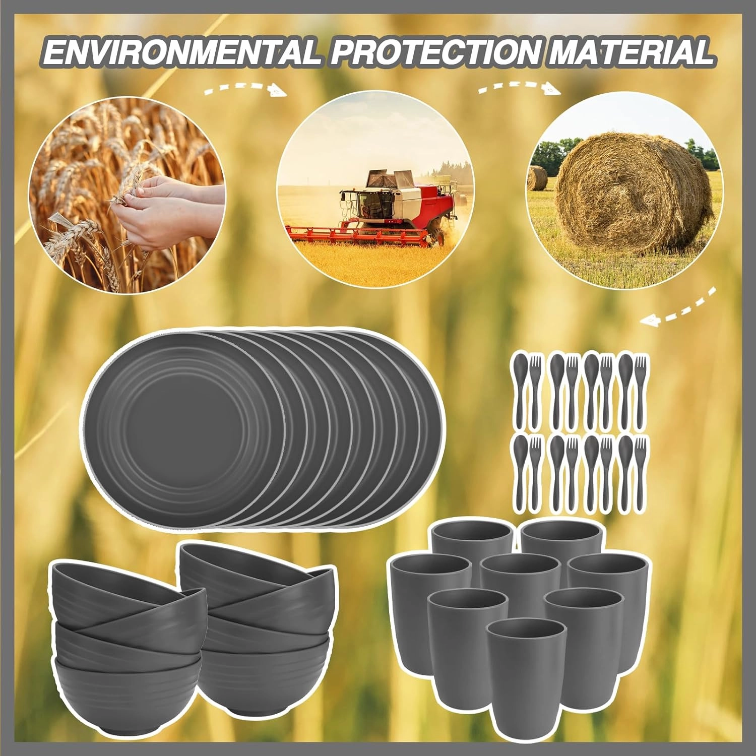 Shopwithgreen Wheat Straw Dinnerware Sets for 8, 40 PCS Unbreakable Plates and Bowls Sets, Reusable Dinner Dishes Set, Bowls, Cups,Plates for Camping, Kitchen, RV, Dorm,Dishwasher Microwave Safe