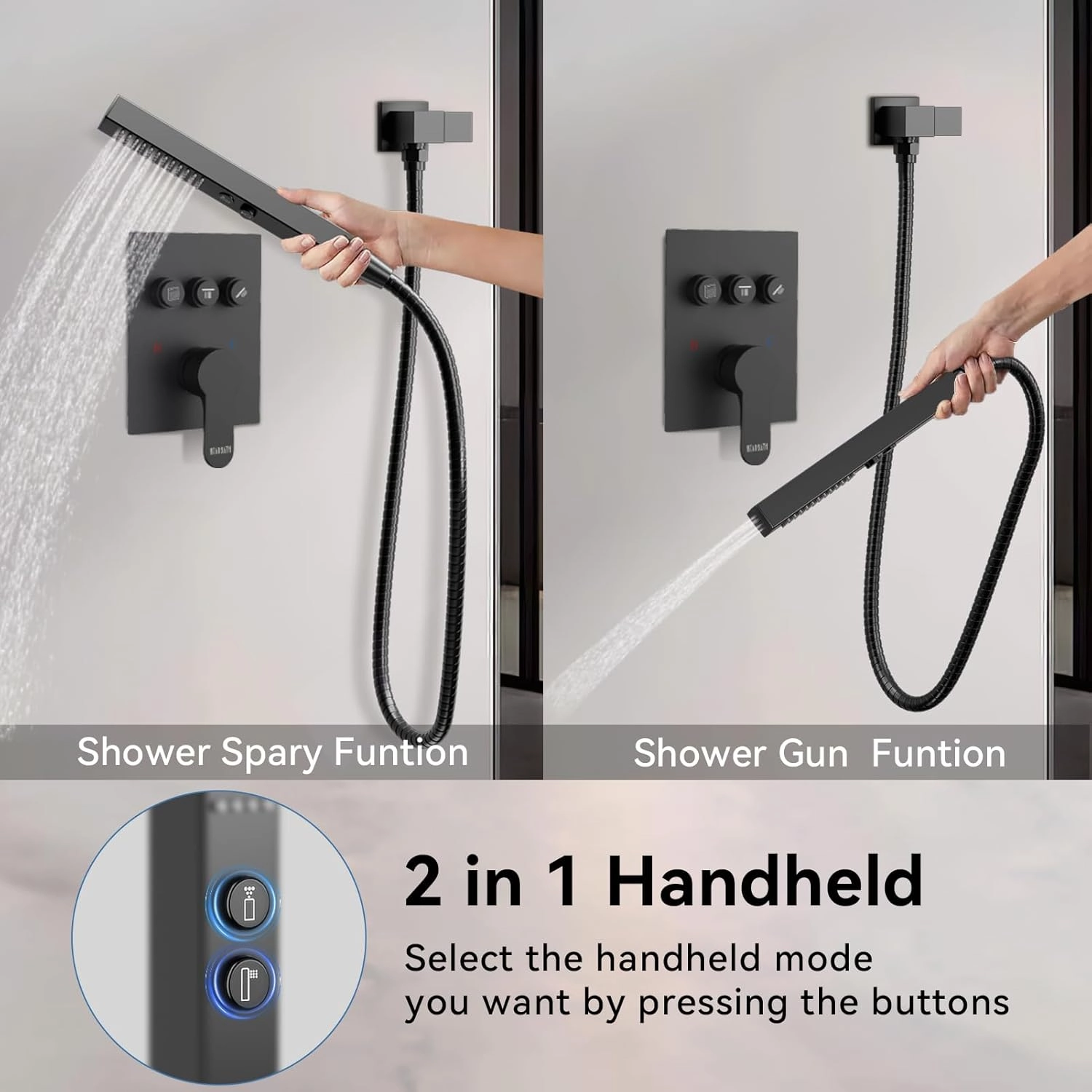 Shower Faucet Set Matte Black Shower System, 12" Ceiling Rainfall Shower and 6" Wall Mount Rain Shower with 2 in 1 Handheld, Can Use All at Once, Pressure Balance Rough-in Valve and Trim Kit